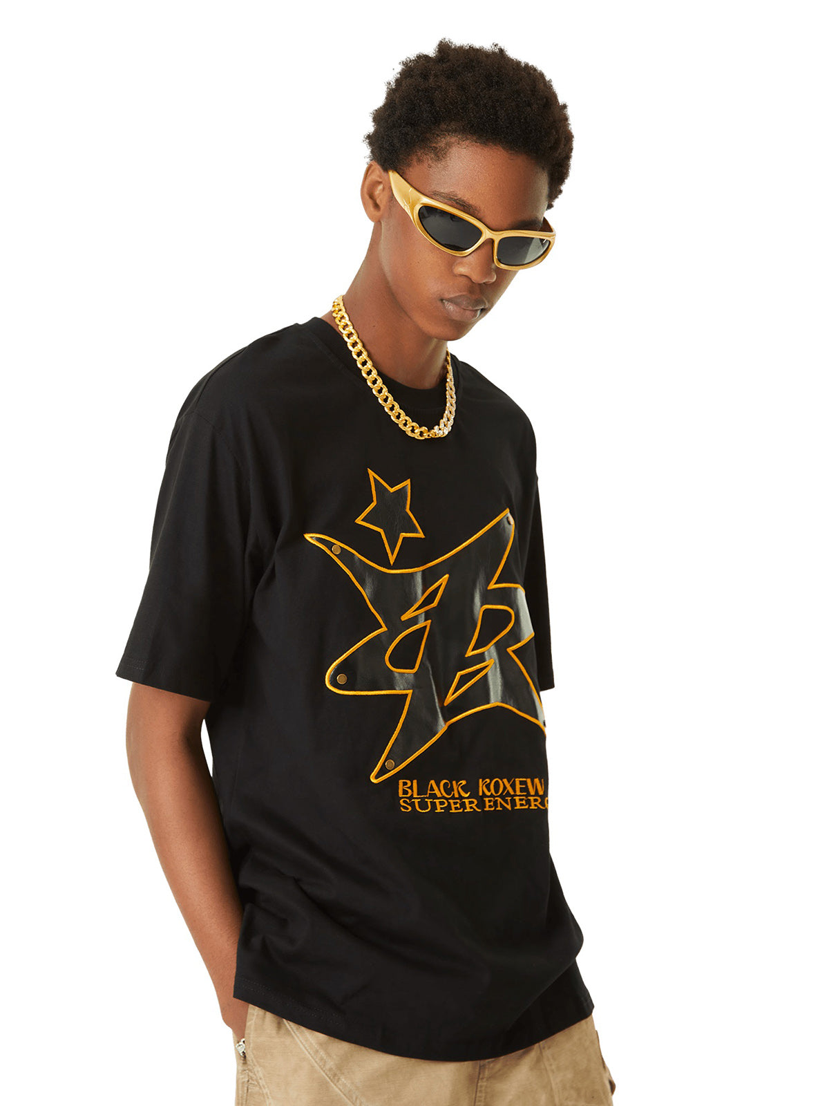 Thesupermade Leather Studded Creative Star Street Rap T-shirt