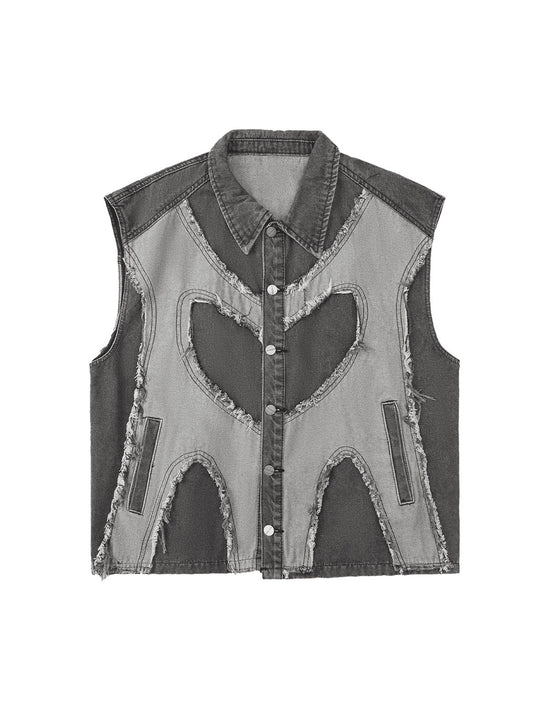 Gilet Street Rap en denim contrasté avec coutures en cœur Thesupermade - 2062