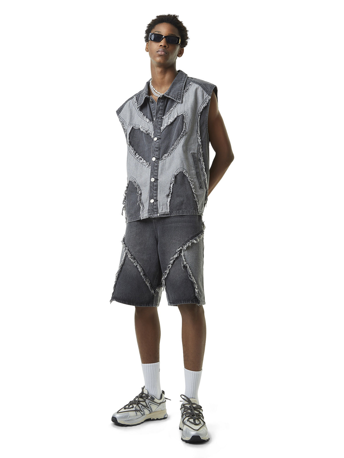 Thesupermade Contrast Denim Heart Stitching Street Rap Vest - 2062