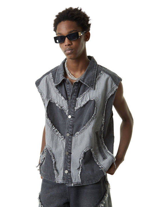 Gilet Street Rap en denim contrasté avec coutures en cœur Thesupermade - 2062