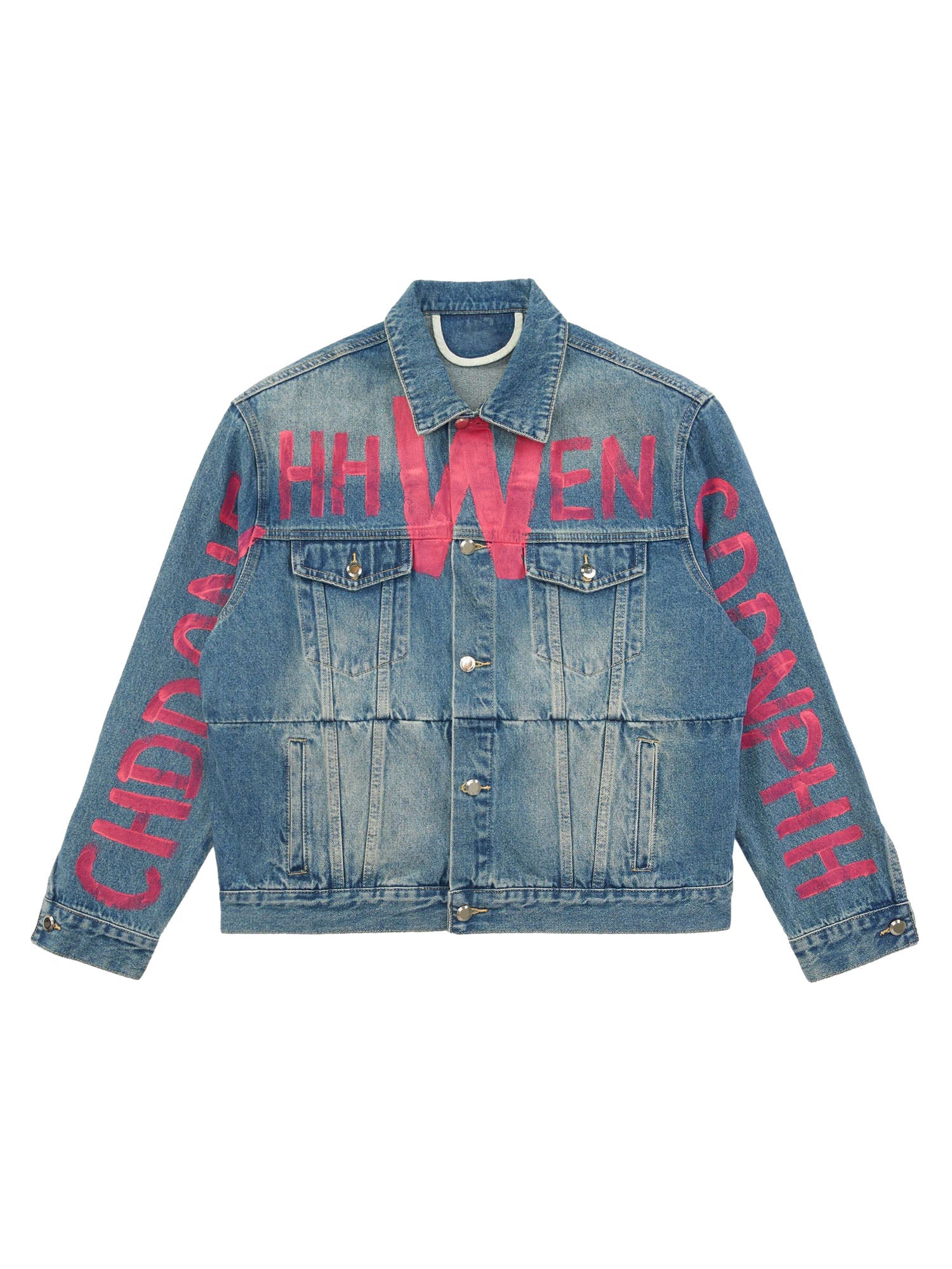 Thesupermade – Jeansjacke „High Street“ mit Graffiti-Schriftzug und verwaschenem Used-Look 