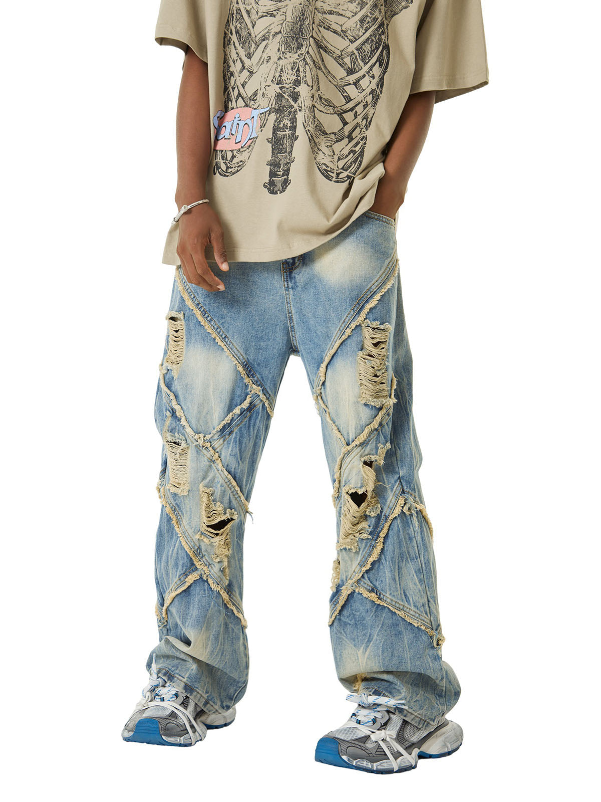 Thesupermade Heavy Washed Ripped Plaid Stitching Hip-Hop Jeans - 2174