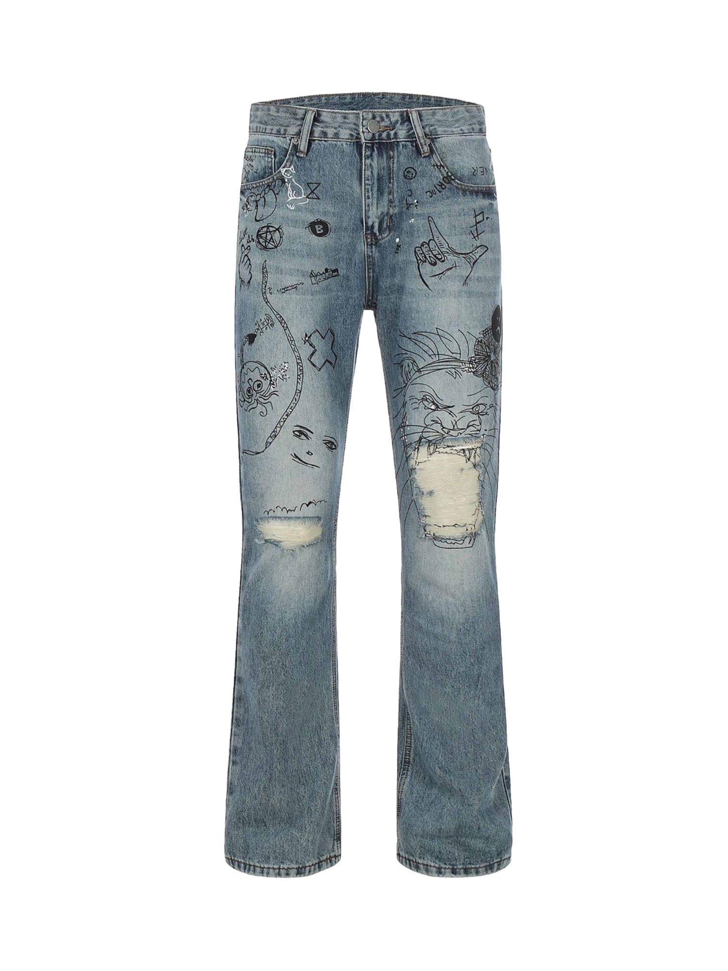 Thesupermade Washed Graffiti Ripped Jeans