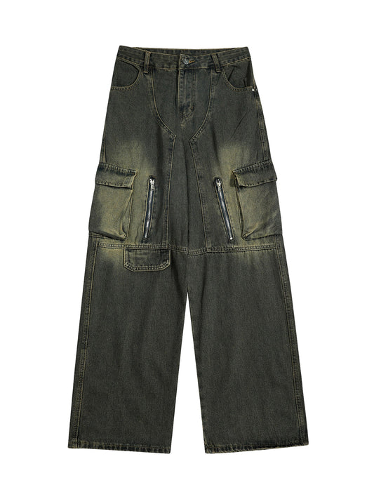 Jean délavé multi-poches style workwear rétro américain vieilli