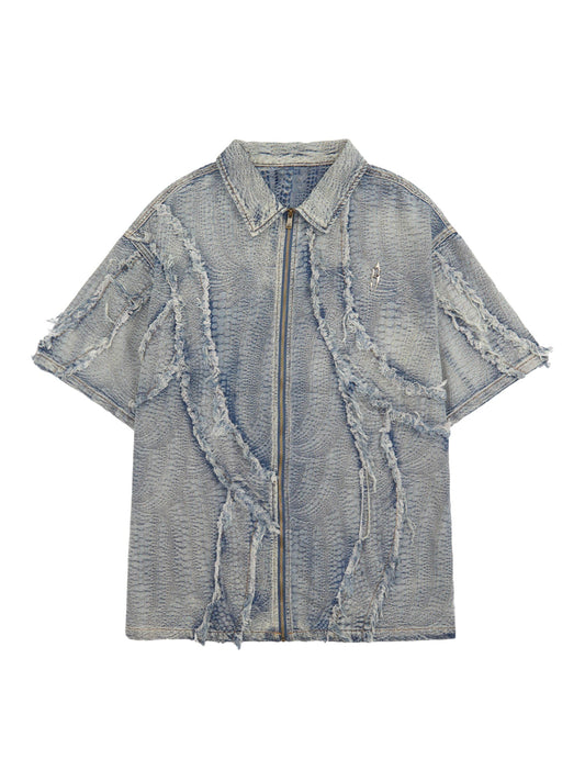 Chemise en jean délavée à bords bruts - 2064