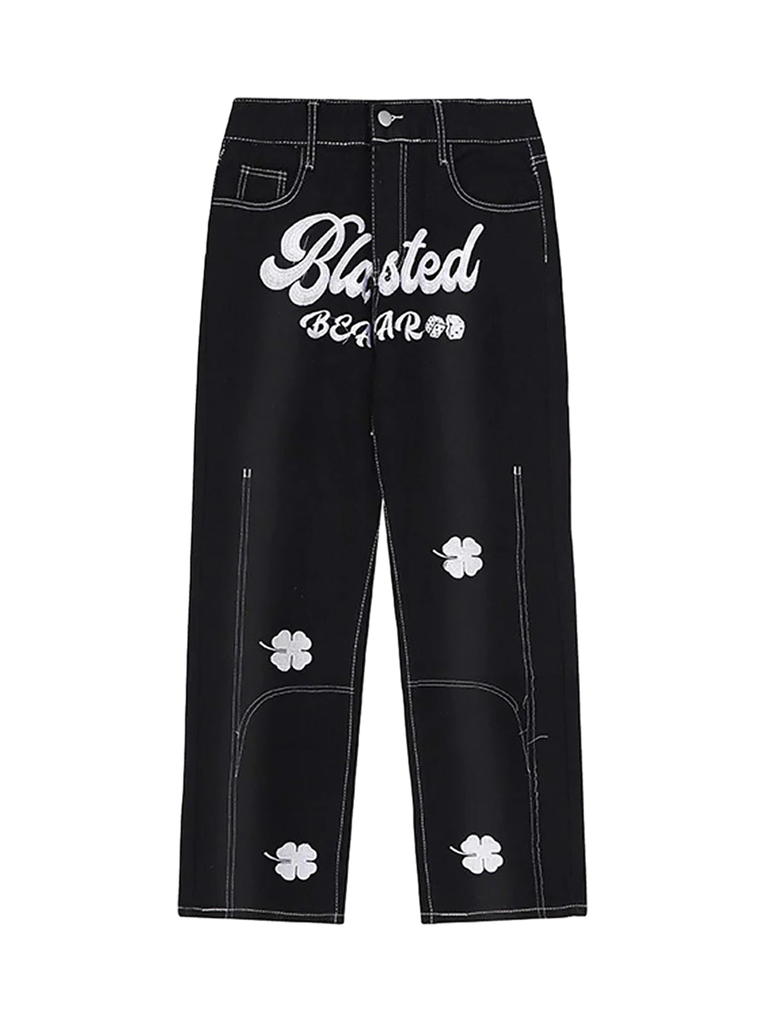 Thesupermade Letter Lucky Clover Embroidered Baggy Jeans - 1162