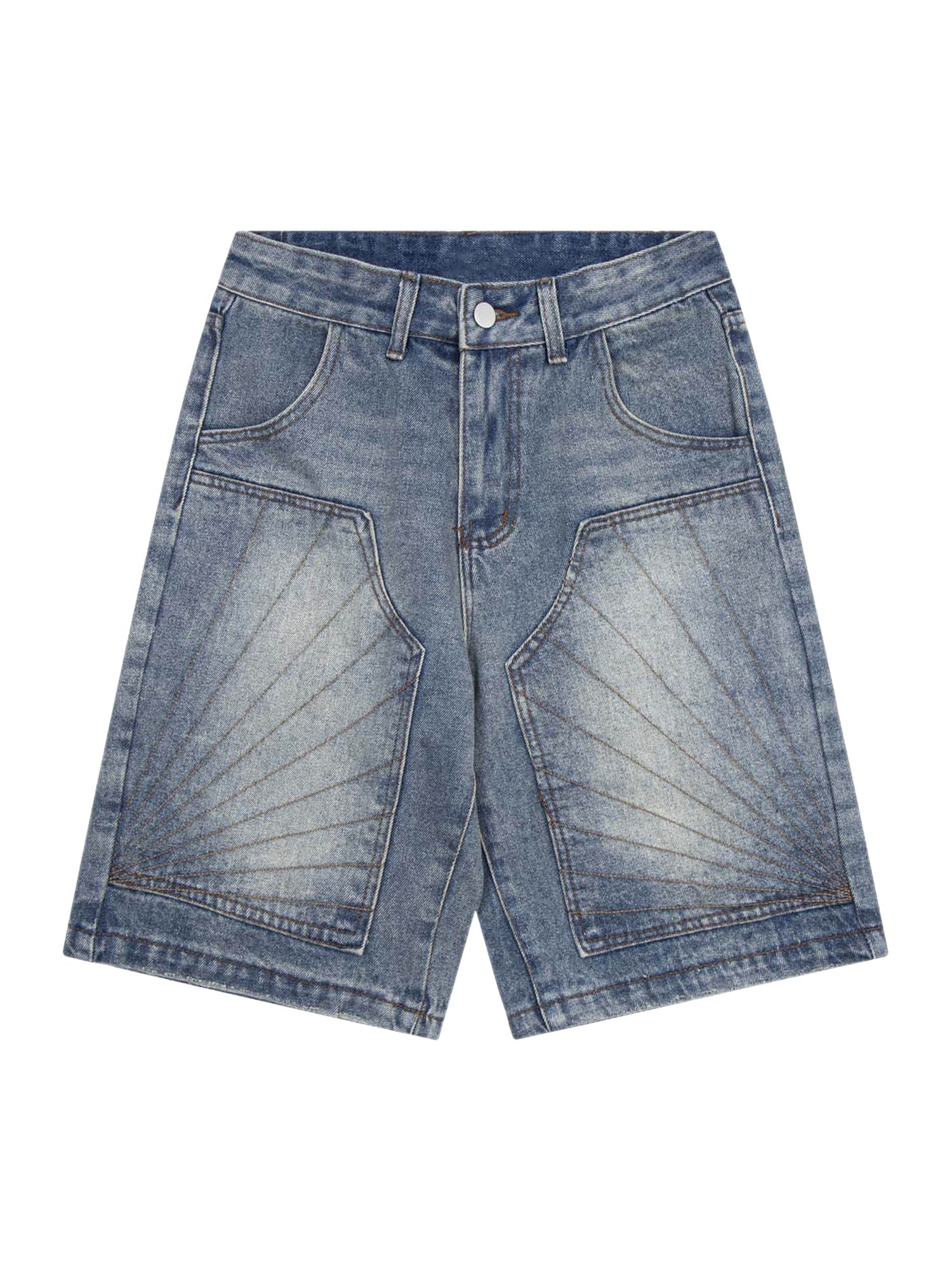 Washed Distressed Topstitch Denim Jorts - 2067