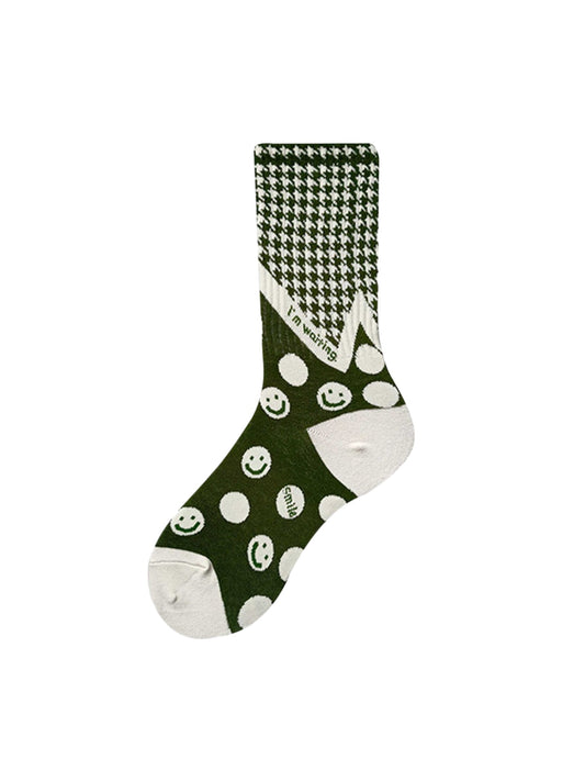 Les chaussettes mi-mollet en coton Supermade Thousand Birds Check Smiley Face