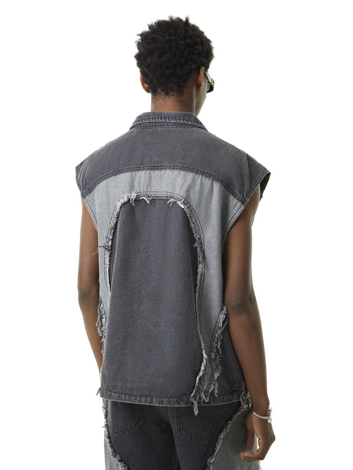 Thesupermade Contrast Denim Heart Stitching Street Rap Vest - 2062