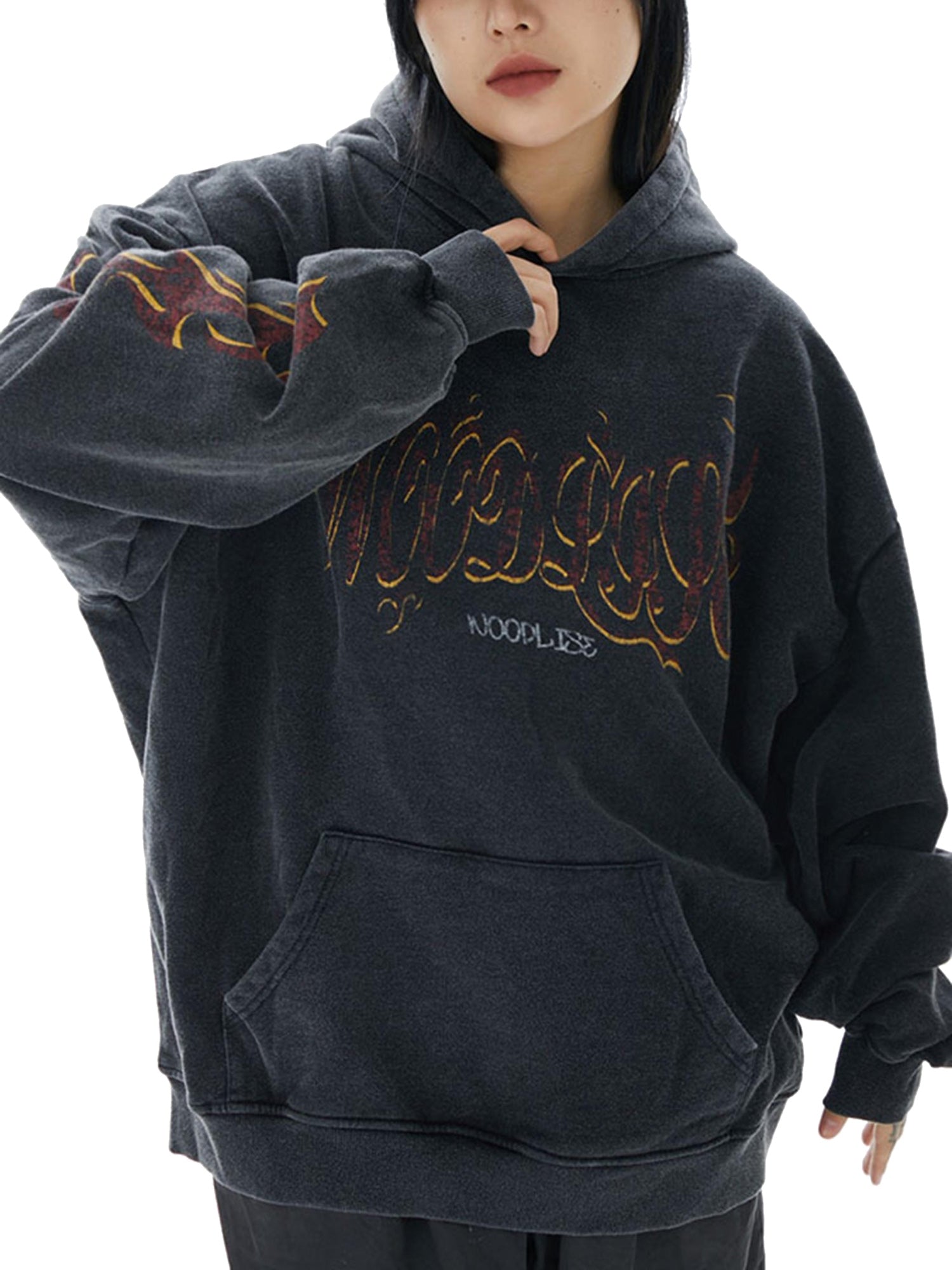 Thesupermade Flame Letter Washed Hooded Sweatshirt - 2216