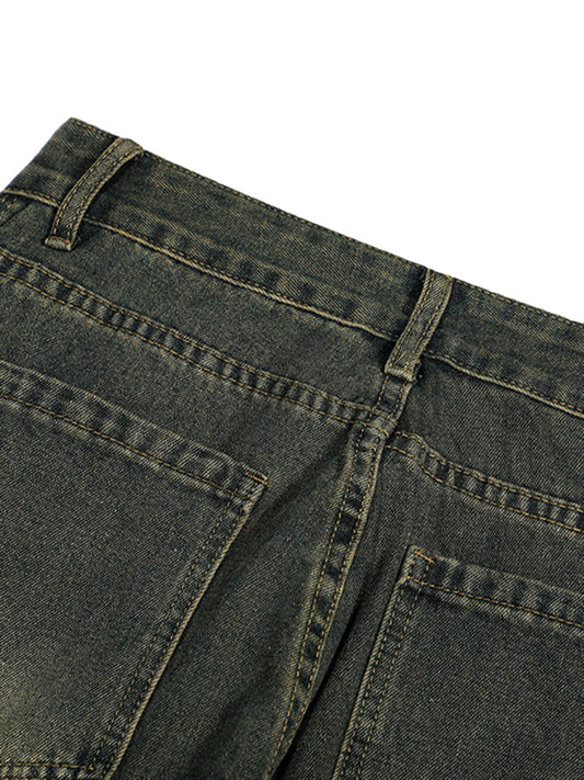 Jean délavé multi-poches style workwear rétro américain vieilli