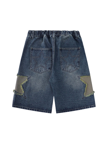 Short en jean brodé étoiles Street Patchwork - 2133