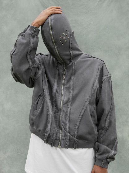 Thesupermade Heavy Washed Distressed Full Zip Hoodie - 2057