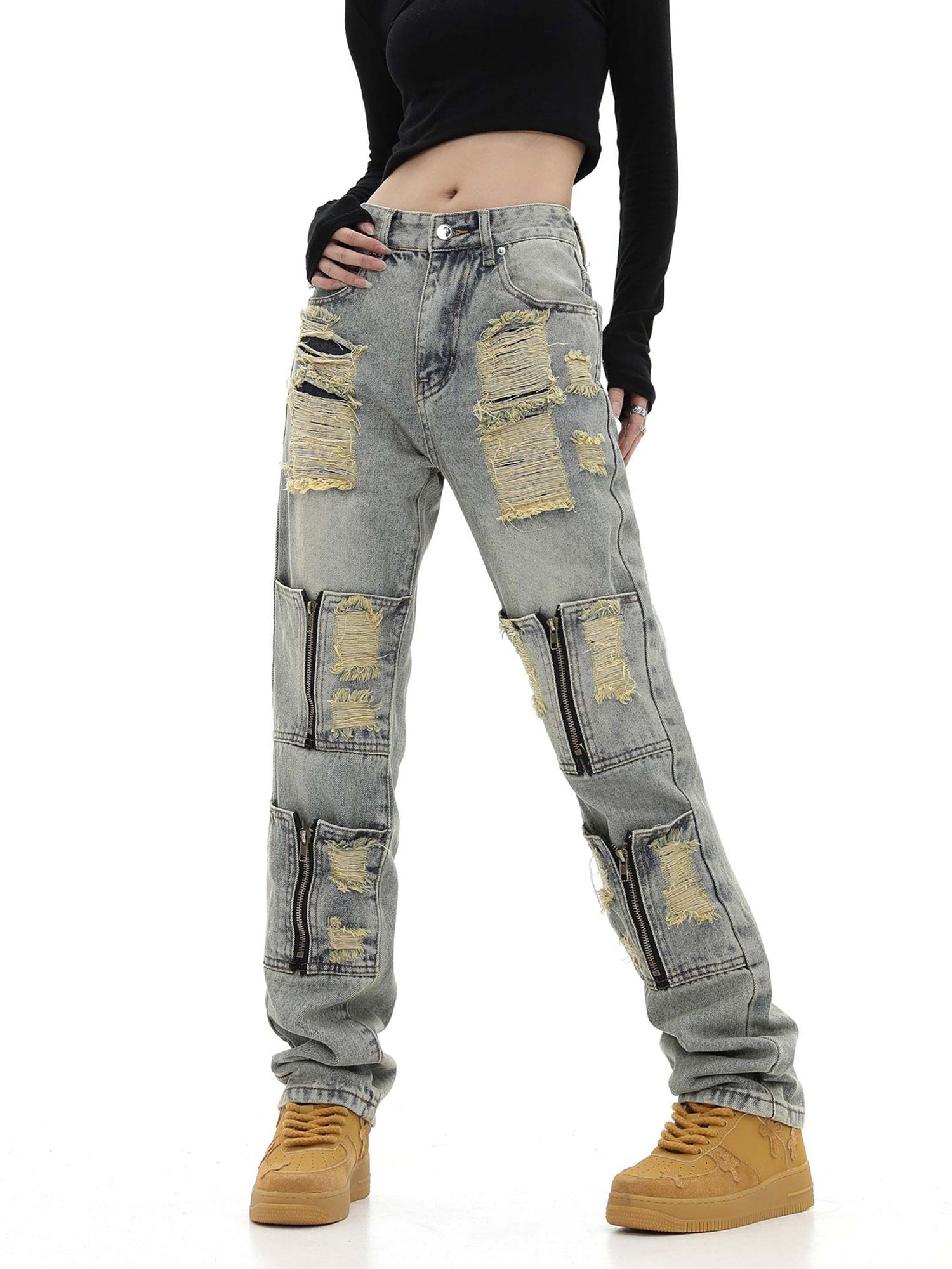 High Street Washed And Torn Work Pockets Denim Pants- 1646