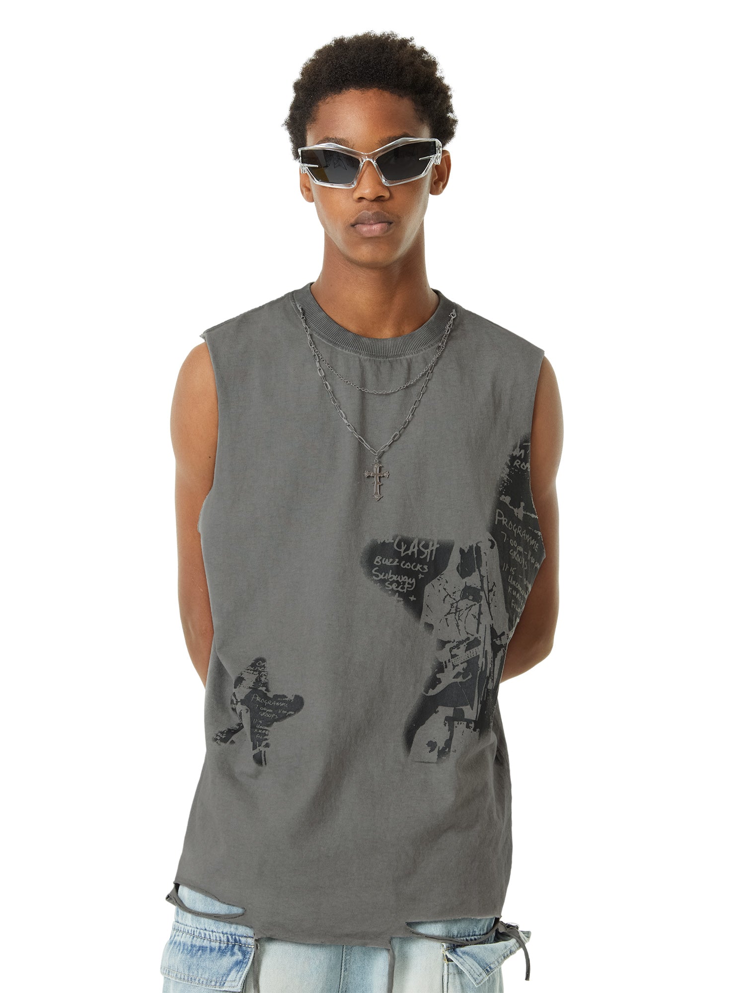 Thesupermade Vintage Necklace Star Print Hip-hop Tank Top - 2070