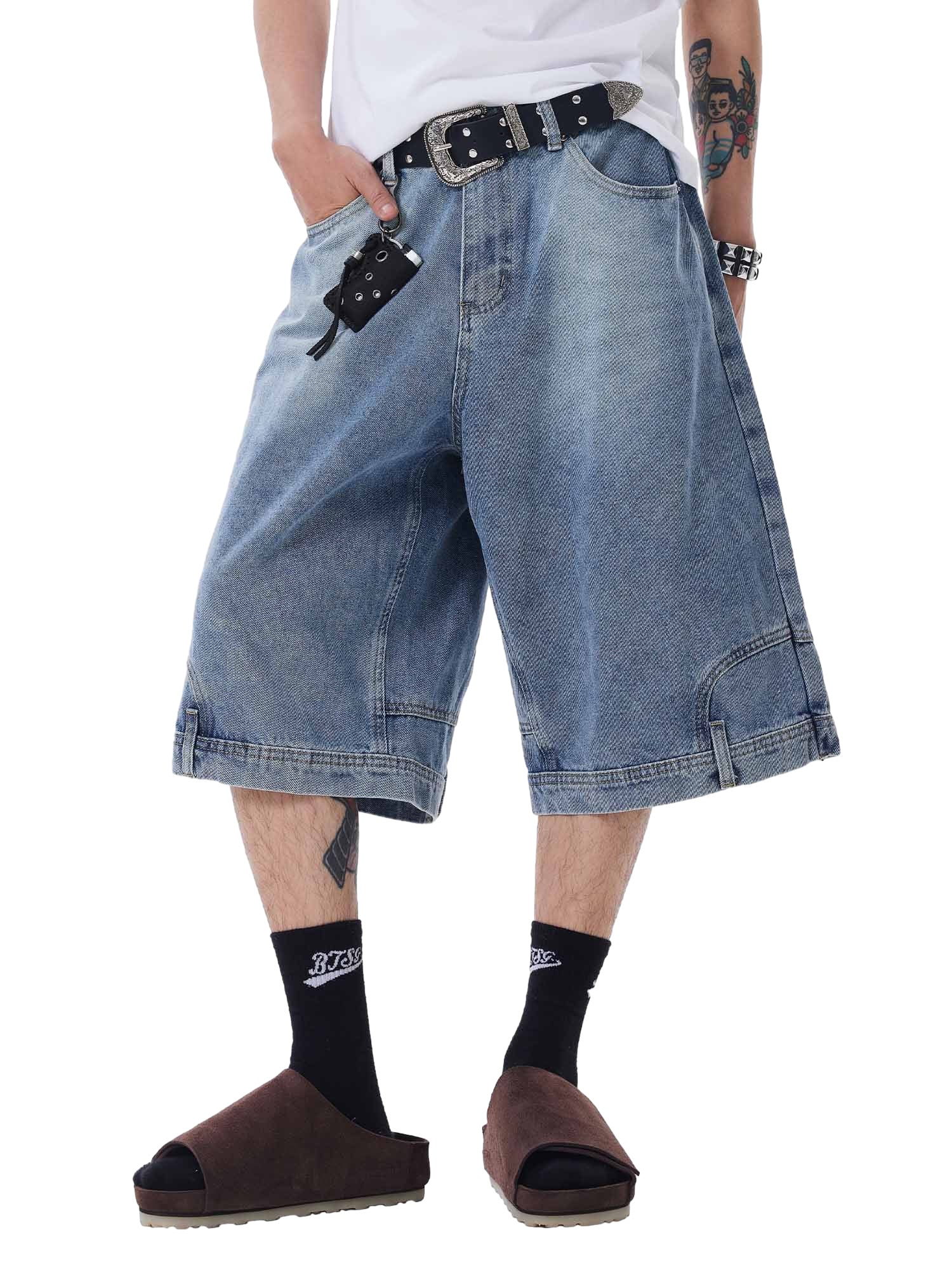 Retro Reverse Design Washed Denim Jorts - 2080