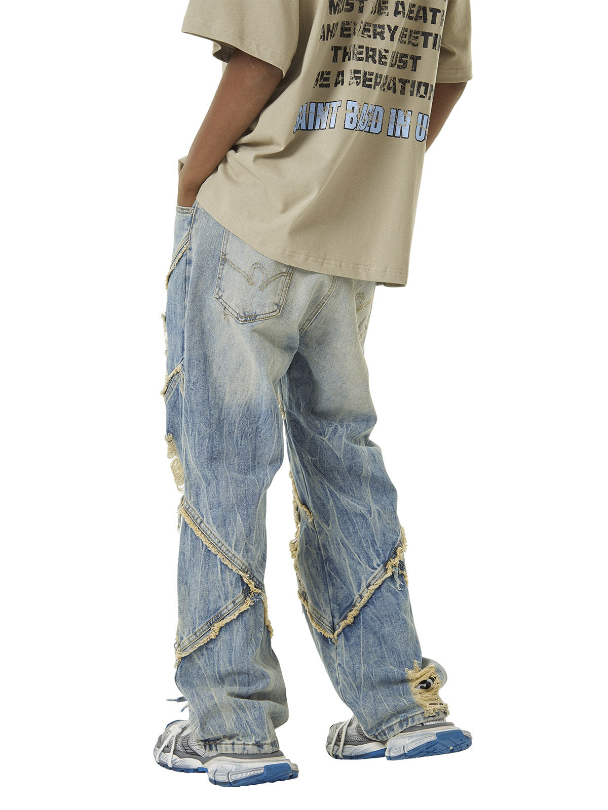 Thesupermade Heavy Washed Ripped Plaid Stitching Hip-Hop Jeans - 2174