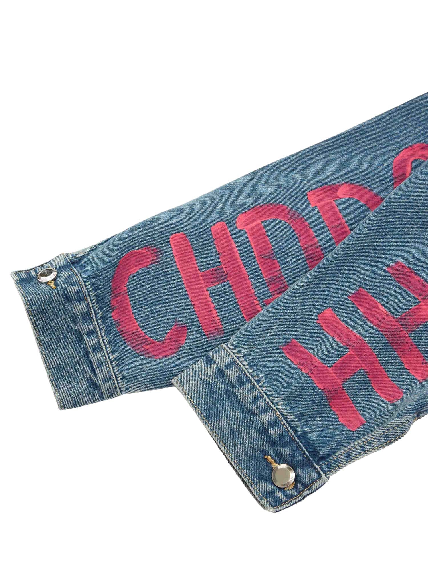 Thesupermade – Jeansjacke „High Street“ mit Graffiti-Schriftzug und verwaschenem Used-Look 
