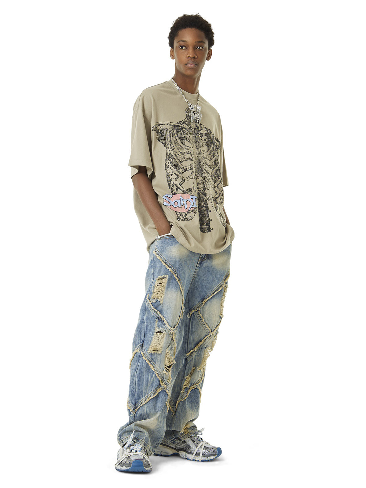 Thesupermade Heavy Washed Ripped Plaid Stitching Hip-Hop Jeans - 2174