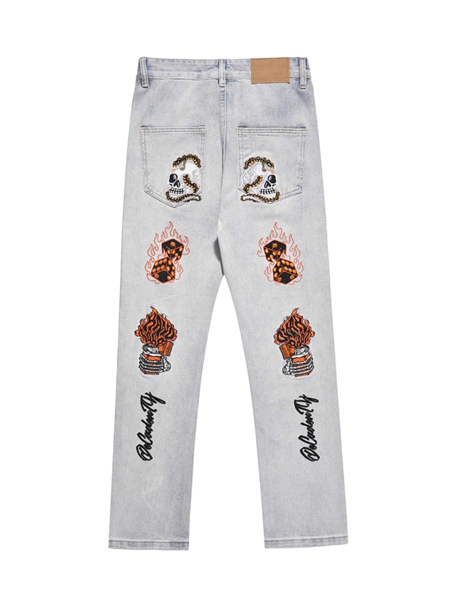 Thesupermade Skull Flame Monogram Embroidered Slim Fit Jeans