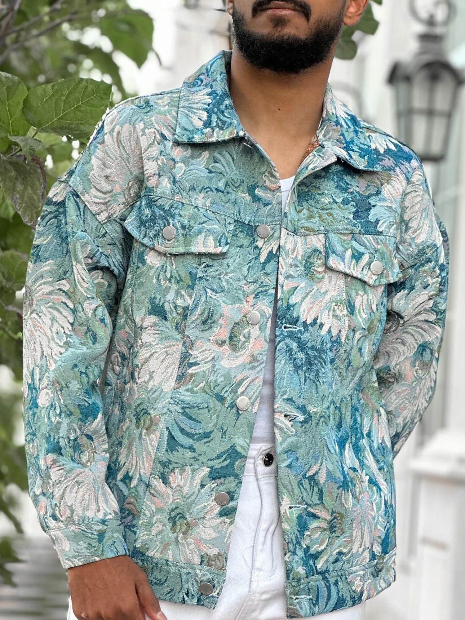 Thesupermade Oil Painting Jacquard Flower Denim Jacket -1286