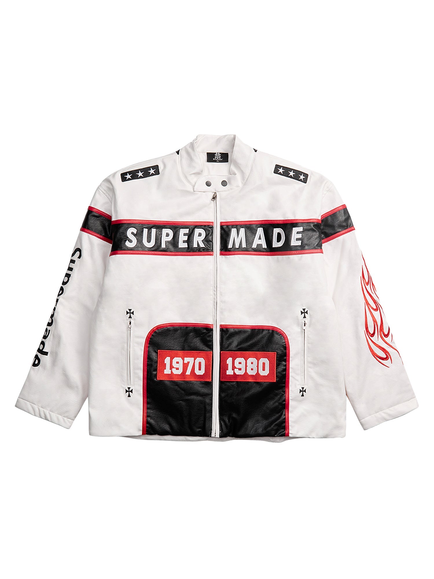 Thesupermade Vintage Biker Style Embroidered Leather Jacket - 1746