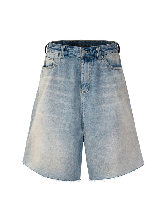 Thesupermade Retro Washed Distressed Raw Edge Denim Jort