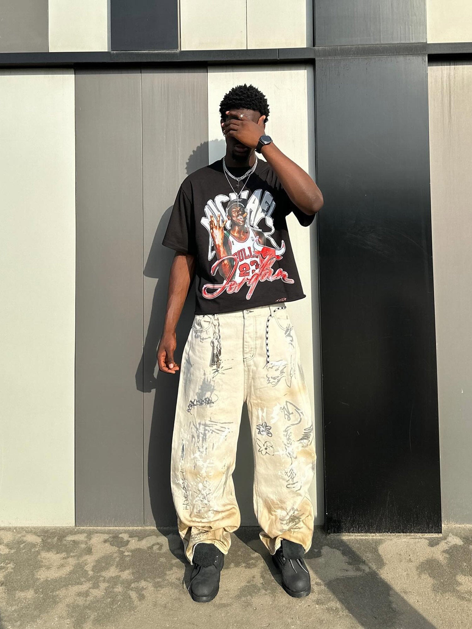 Thesupermade Baggy-Jeans mit handbemalten Graffiti-Motiven – 1885 