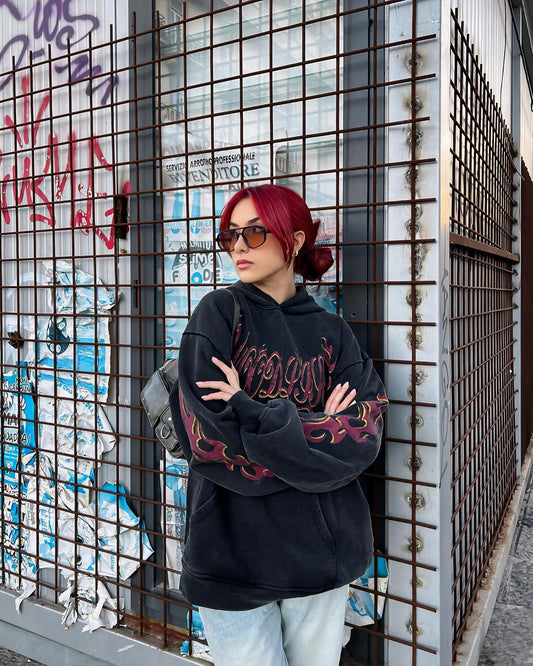 Sweat-shirt à capuche délavé avec lettres de flammes Thesupermade - 2216