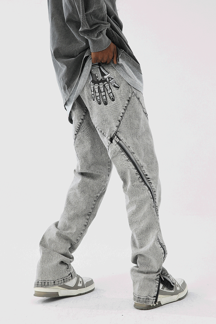 Thesupermade Trendy Brand Slim Fit Zipper Slit High Street Printed Jeans - 1873