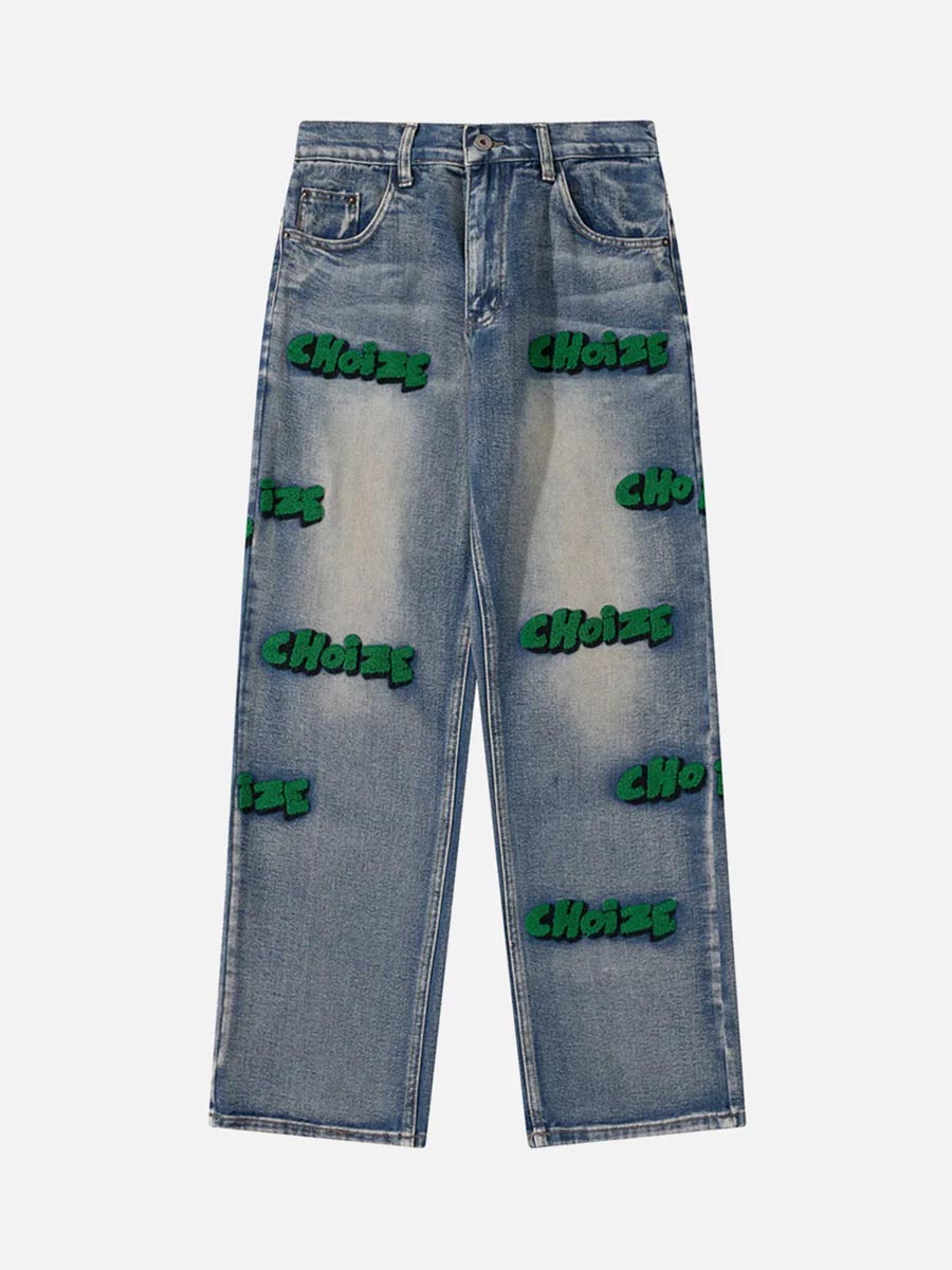 Letter Flocking Distressed Straight Jeans